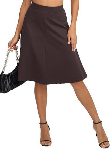 EXCHIC Femmes Millésime A Ligne Stretch Taille Haute Élastique Midi Jupe Uniforme Évasé Longueur Jupes(L, Marron)
