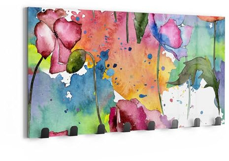 DEQORI Wandgarderobe Glas & Metall | Motiv Aquarell-Farbrausch | 60x30 cm | Design Haken-Leiste modern | Garderoben-Paneel für Flur, Wohnzimmer & Schlafzimmer | magnetisch & beschreibbar