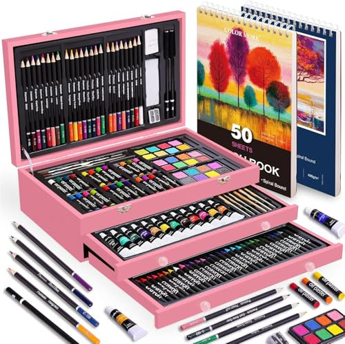 Premium Malkoffer Deluxe 175-teilig Malset im Holzkoffer, mit Acrylfarben, Aquarellfarben, Wachsmalstifte, Buntstifte, professionelles Kunstset, Künstlerbedarf Geschenk für Kinder Anfänger, Rosa