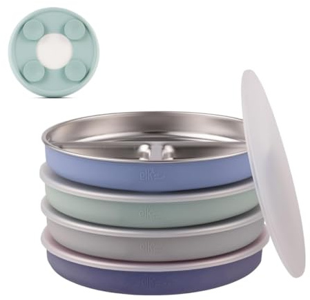 Elk and Friends platos de acero inoxidable divididos con funda de silicona para bebés y niños pequeños | Incluye tapas | Se mantienen en su lugar mediante succión | Platos para cena y merienda |