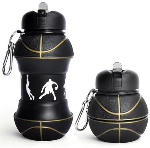 Black Basketball Water Bottle 550ml Collapsible Silicone Sports Bottle for Boys Teens Gym School Travel Leakproof Foldable BPA Free Reusable Hydration Flask for Outdoor Use