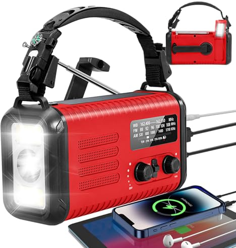 Emergency Hand Crank Radio, NOAA Weather Radio, 20000mAh/74000mWh Solar Battery Radio with AM/FM, Portable Fast Phone Charger, Flashlight, Reading Lamp & SOS Alarm for Camping, Hiking (Red)