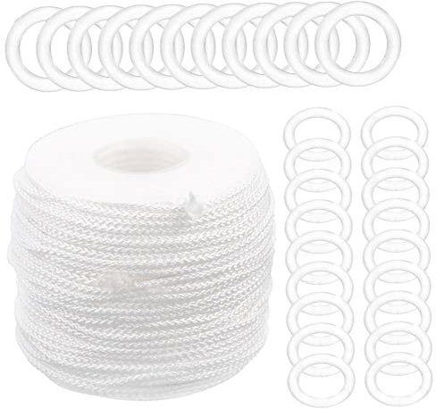 FUTUREORYY Roman Blind Curtain Rings with 50 Meter White Pull String Rope Kit for DIY Roman Shade Repair Suitable for Home Decoration and Beading