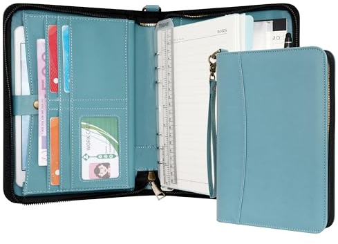 Wason A5 Ringbuch mit Reißverschluss Portfolio - Kunstleder Notizbuch Schreibmappe Padfolio mit Abnehmbarem Nachfüllbarem Schreibblock für Business Studium und Reiseorganizer (Cyan)