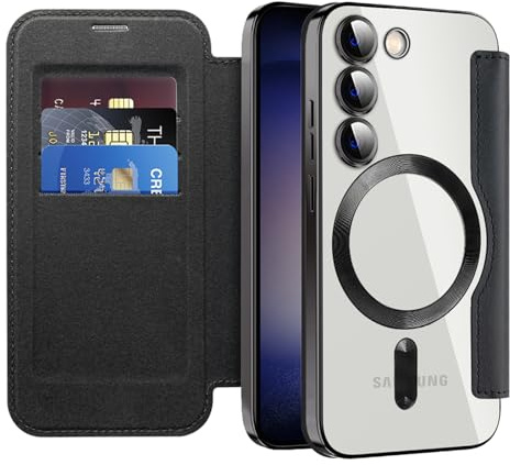 IMEIKONST für Samsung Galaxy S23 Hülle Flip Kartenfach Schwarz JDCX | RFID-Blockierung Kartenfächer Brieftasche, Premium PU Leder Tasche Handyhülle, Magnetische Transparente Rückseite Schutzhülle