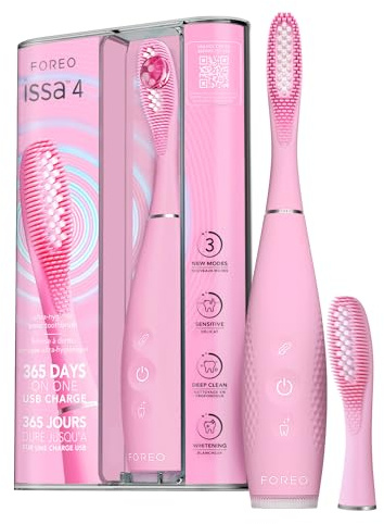 FOREO ISSA 4 cepillo de dientes eléctrico sónico recargable 4 en 1 con USB, cabezal extra, silicona suave, blanqueador dental, impermeable, ideal para viaje, limpieza profunda - Pearl Pink