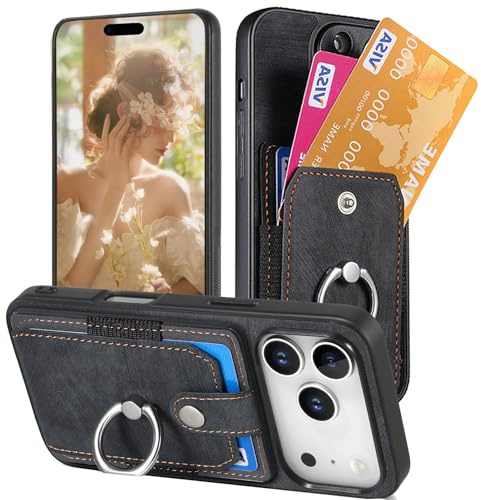 Fofvccv Wallet Case for iPhone 17 Pro Max with Card Slots -SJZ Black | 360 Rotation Ring Holder Kickstand Case for Men Women, Ultra Thin Shockproof Protective Cover for iPhone 17 Pro Max