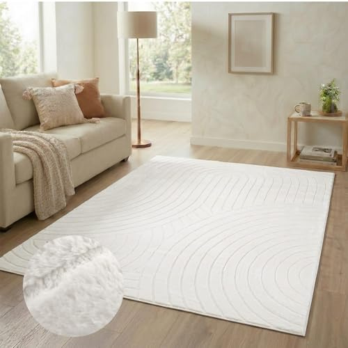 carpet city Teppich Wohnzimmer Kurzflor - 160x230 cm in Weiß/Ivory - Geometrisches Wellen-Muster in 3D-Optik - Weich & Soft-Touch Haptik - Moderne Teppiche für Schlafzimmer & Flur