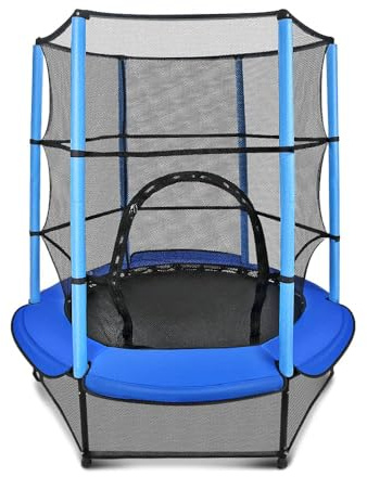 55'' Kids Trampoline Large Free-Noise Trampoline for Kids Foldable Fitness Bouncer with Safety Enclosure Net and Pad Bulit-in Zipper Frame Cover Jumping Training Indoor Outdoor Activities,Blue