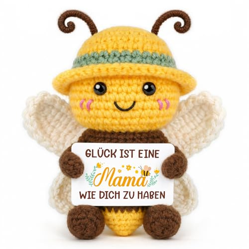 Hakumata Geschenke für Mama - Handgehäkelte Biene mit Glückskarte,Mama Geschenk zum Geburtstag Muttertag Weihnachten,Beste Mütter Geschenk von Tochter Sohn,Positive Kartoffel Deutsch Ersatz