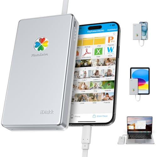 iDiskk Apple MFi Certified 1TB External Hard Drive Auto Backup for iPhone 15/16/17, iPad, Android, MacBook & Computer - Store Photos, Videos & Documents