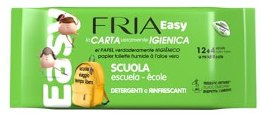 Fria Easy Scuola Carta Igienica Umidificata con Aloe Vera, Tessuto Gettabile nel WC, Dermatologicamente Testate, Confezione Tascabile da 12+4 Salviette