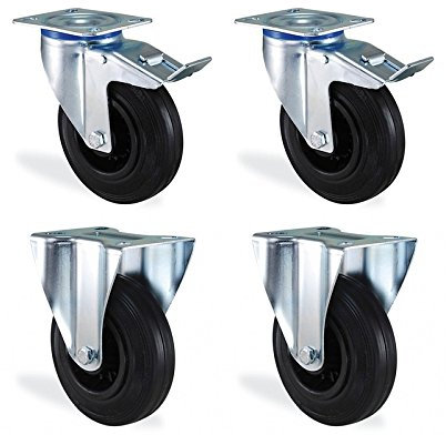 Lot roulettes pivotantes à frein + fixes caoutchouc noir diamètre 100mm charge 210kg