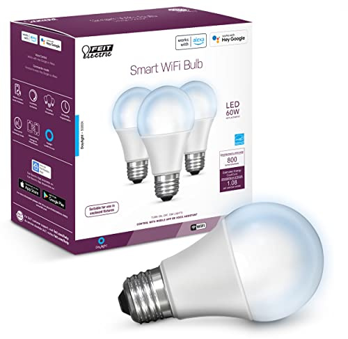 Feit Electric OM60/950CA/AG/3 60 Watt Equivalent WiFi Dimmable, No Hub Required, Alexa or Google Assistant A19 LED Smart Light Bulbs, 4.4 H x 2.4 D, 5000K Daylight, 3 Count