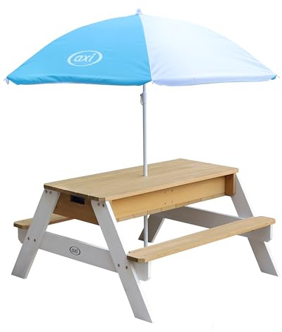 AXI Nick Kinder Sand & Wasser Picknicktisch aus Holz | Wasserspieltisch & Sandtisch mit Deckel und Behältern | Kindertisch/Matschtisch in Braun & Weiß mit Sonnenschirm für den Garten