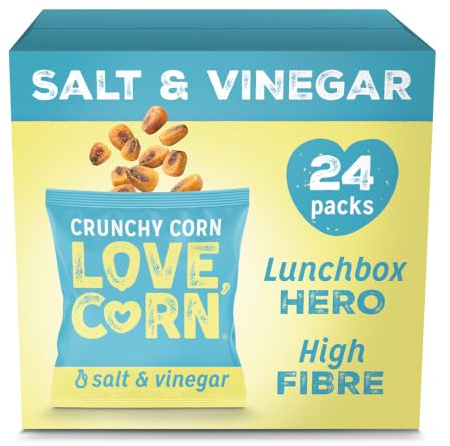 LOVE CORN Crunchy Corn: Salt & Vinegar (24 x 20g) - High Fibre Snack | High Oleic Sunflower Oil, Gluten-Free, Vegan, Kosher – Low Sugar Healthy Lunchbox Graze – Crisps Alternative