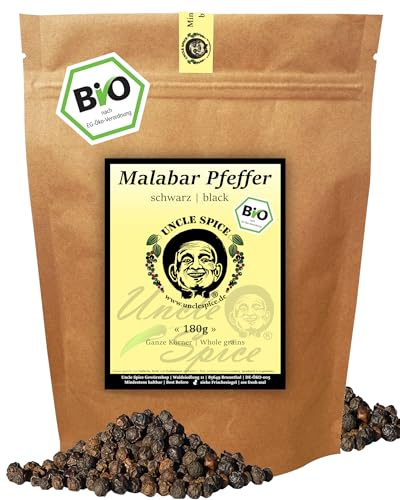 UNCLE SPICE® BIO Malabar Pfeffer -180g schwarzer BIO Pfeffer ganz - Tigerpfeffer - Hochland Bergpfeffer - Premium-Qualität - handverlesene Pfefferbeeren, ganze Pfefferkörner für die Mühle DE-ÖKO-005