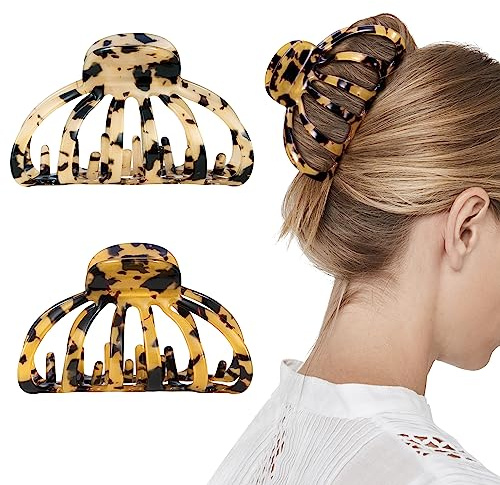 Shinowa Set med 2 halkfria hårklämmor för kvinnor, stora hårklipp, tunna tjocka hårklämmor, klor hårtillbehör för kvinnor, flickor, leopard