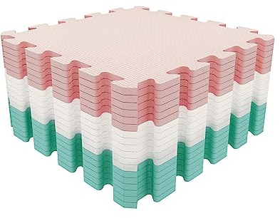 Mocosy 18 Pieces (30x 30cm) Zusammensteckbare Bodenmatten | Schutz-Bodenmatten | Puzzlematten | Weiche Schaumstoffmatten | Spielmatten | Turnmatten(Blau Weiß Rosa)
