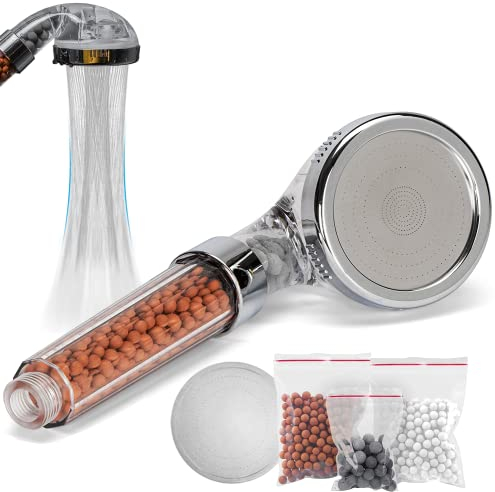 Olliwon Duschkopf Regendusche mit Mineralsteinen, Dusche Druckerhöhend Wassersparend, Dreischichtiges Filtersystem entfernt Kalkablagerungen, 3 Packungen Mineralsteinen Ersatz