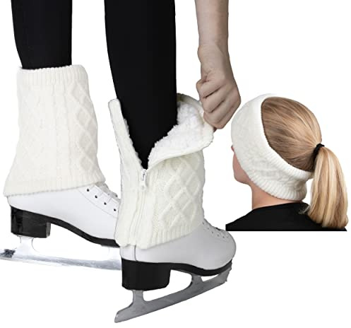 CRS Cross Leg Warmers and Headband Set for Figure Skating with Zipper. Fleece Lined Knit Keeps Legs Warm-Ice Skate Dance (1, White-Short)