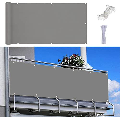 MYUANH Balkonabdeckung 1.1x5m Balkon Windschutz UV-Schutz Sonnenschutz Balkon-Verkleidung mit Nylon Kabelbinder,Kordel für Balkongeländer Terrasse Garten, Hellgrau