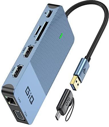 Station d'accueil USB Giq USB C HUB USB 3.0 vers Double HDMI VGA Adaptateur Triple Affichage USB C pour Ordinateur Portable Double Moniteur HDMI Splitter Extender Compatible avec MacBook M1 M2- Bleu