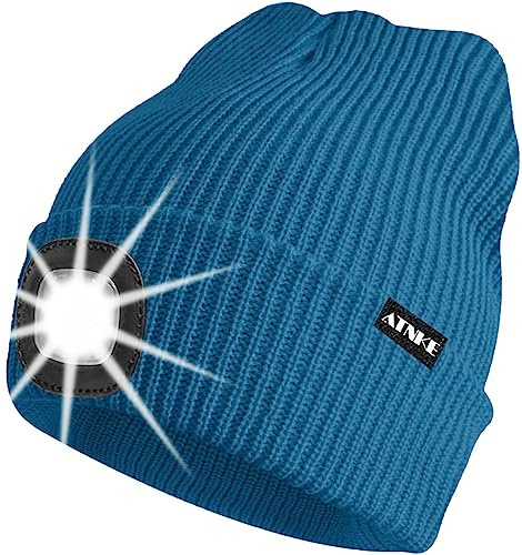 ATNKE Unisex LED Mütze mit Licht,Wiederaufladbare USB 4 LED Beleuchtete Laufmütze Extrem Heller Lampe Winter Warme Stricken Mütze für Herren und Damen Geschenke