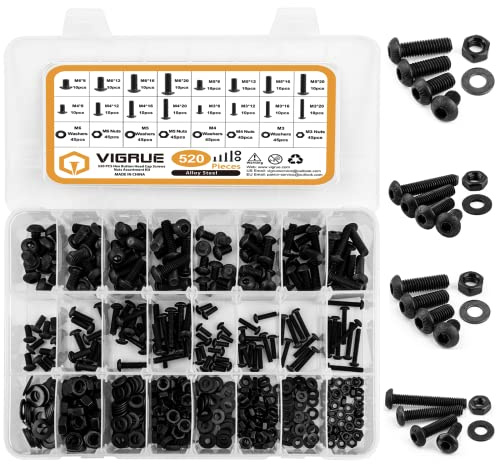 VIGRUE Juego de 520 tornillos M3, M4, M5, M6, acero al carbono, negro y tuercas, arandelas redondas, cabeza alomada hexagonal, con llave