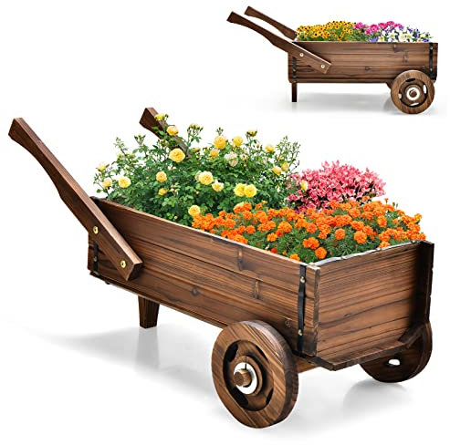 RELAX4LIFE Brouette 2 Roues en Bois, Pots de Fleurs avec Trou de Drainage 2 Poignées, 81 x 40 x 38,5 cm, Décoration de Jardin pour Jardin Patio Balcon Salon