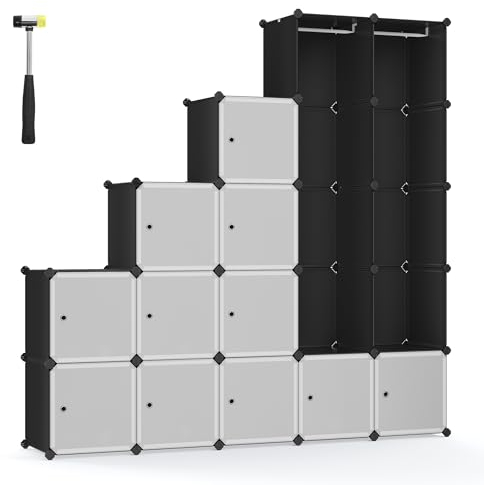 SONGMICS Würfelregal, Kleiderschrank Kunststoff, Steckregal groß, Regalsystem mit Türen und Kleiderstangen, jedes Fach 35 x 35 x 35 cm, für Schlafzimmer, tintenschwarz LPC301B01