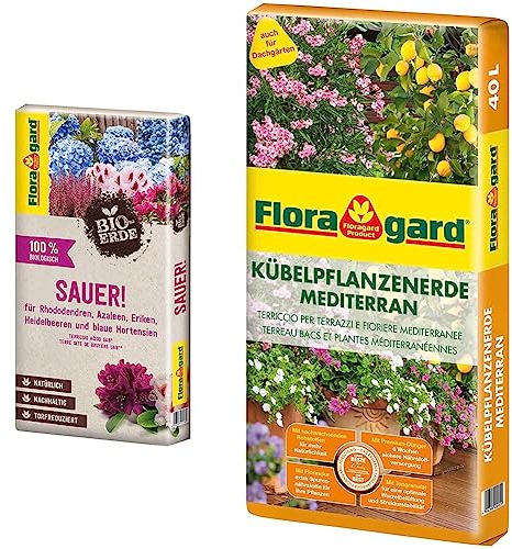 Floragard Bio-Erde Sauer 1x40 Liter & Kübelpflanzenerde mediterran 40 L - Spezialerde für große Kübel, Zitruspflanzen, Oleander, Oliven - auch für Dachgärten