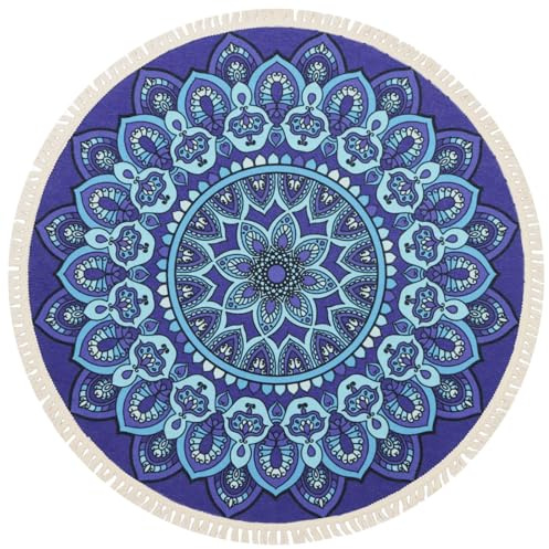 Terafeels Waschbarer Runder Teppich, 90 cm, Boho-Blau, Badezimmerteppich Mit Mandala-Kreismatte, Weich, Rutschfest, Niedlich, Für Waschbecken