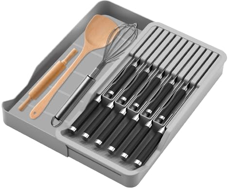 YIWONFU Porta Coltelli per Cassetto, Portacoltelli da Cassetto per 11 Coltelliper, 40.5×34×5cm Doppio Strato Estensibile Organizer per Coltelli Riporre Forchette, Spatole, Cucchiai-Grigio