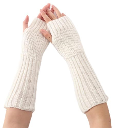 SLEDEZ Warmer Strick-Armwärmer Herren- und Damen-Jacquard-Handschuhe mit offenen halben Fingern, mittellang, gestrickte warme Bündchen (Color : White, Size : Free size)
