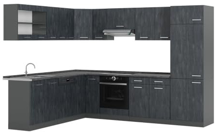 Vicco Eckküche R-Line, Schwarz Beton/Anthrazit, 287 x 227 cm | 12 Module · Höhenverstellbare Füße · AP Anthrazit inkl. · Robuste Fronten · Mit Kühlschrankumbauschrank