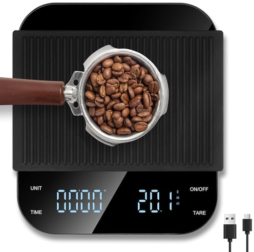 Vankarr Báscula de Café con Temporizador, 3 kg/0,1 g Alta Precisión, Báscula de Cocina Digital USB, Escala de Café con LED Display, Función de Tara, Botón Táctil