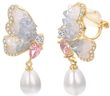 Vissen Boucle D oreilles Papillon Bleu Clips Femmes Zirconium Boucle D'oreille Plaqué Or Perle Pendante Hypoallergenique Bijoux
