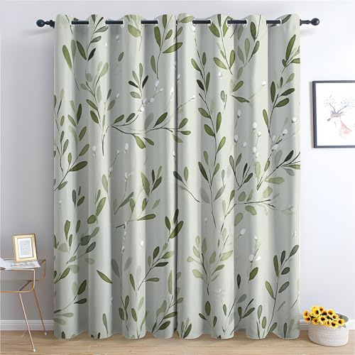 SZLYZM Green Leaf Blackout Curtains for Bedroom living Room, Botanical Curtains 66x54, 54 Inch Drop Curtains 2 Panels Set, Thermal Eyelet Drapes Decorative Patterned Window Treatments