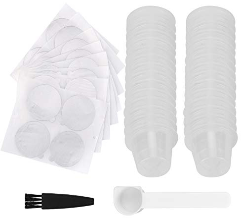 Kit de capsules de café réutilisables | Dosettes jetables | Tasses filtrantes rechargeables pour café en poudre (30 tasses + 30 autocollants + pinceaux cuillère)