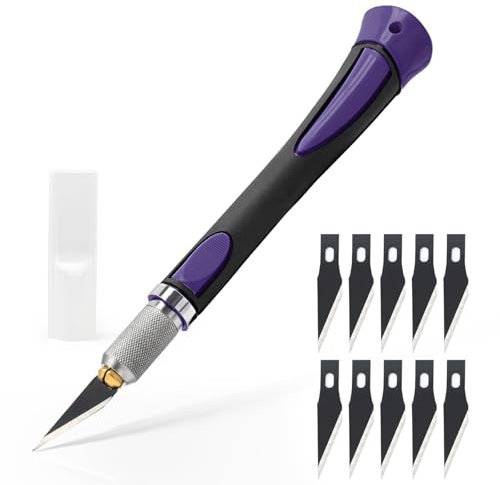 EHDIS Taglierino di Precisione con 10 Lame di Olio Antiruggine, Bisturi Modellismo di Gomma Antiscivolo, Cutter di Precisione, per Lavoro Artistico Taglio, Scultura, Viola