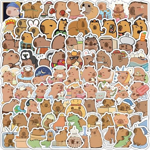 120 Stück Capybara Sticker Tier Aufkleber Kapibala Cartoon Animal Sticker Handarbeit Selbstklebende Label Wasserfeste Vinyl-Aufkleber mit Capybara-Motiv für Flaschen Laptops Gepäck Snowboards Gitarren