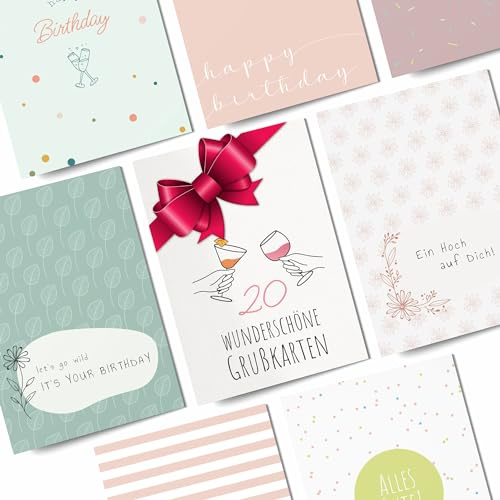 Cre8ive Prints Geburtstagskarten Set – 20 verschiedene Karten für Männer, Frauen, Kinder – Witzig, liebevoll & stilvoll – Für 18., 30., 40., 50., 60. Geburtstag – Recycelt & Made in Germany