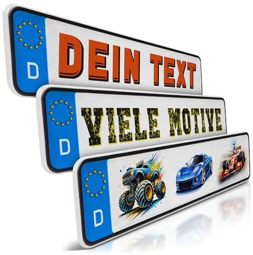schildEVO 1 Mini Kfz-Kennzeichen | Auto Namensschild | Rennwagen | Wunschtext zum Geburtstag | Aluminium | Fun-Kennzeichen für Kinderauto | Kettcar | Tretauto | Gokart
