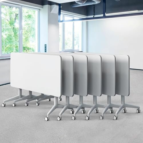 Klappbarer Konferenztisch, weißer Konferenztisch mit Rädern, großes rechteckiges Konferenzseminar mit Klappplatte für 2–10 Personen,6,55,1