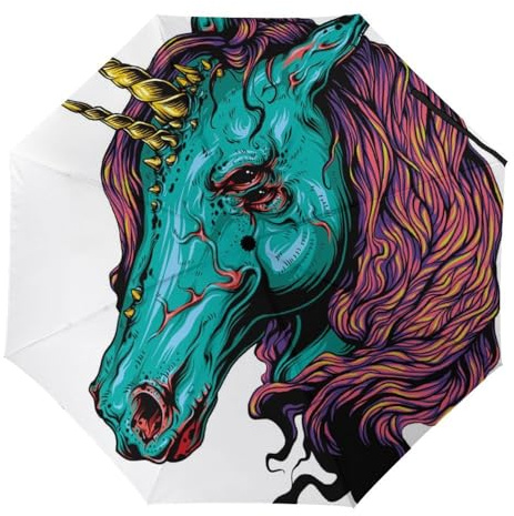 YBQLNP Automatischer Regenschirm Blaues Einhorn Taschenschirm Winddicht Sturmfest Für Herren Damen Teenager