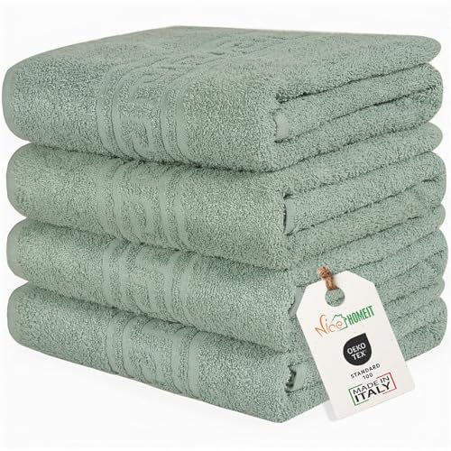 nice homeit Set in 4 Asciugamano in 100% cotone filato ad anello – Adatto sia per uso quotidiano che sportivo – Extra Morbidi e Assorbenti. MADE IN ITALY – 60 X 100CM (VERDONE)