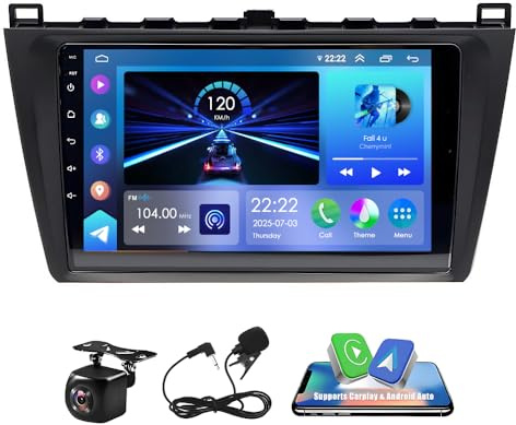 2GB+32GB Android 14 Double Din Car Stereo Radio for Mazda 6 2007-2012 w/Wireless Carplay Android Auto 9 Inch Touchscreen Car GPS Navigation FM/RDS Radio Receiver Support Mirror Link SWC Split Screen