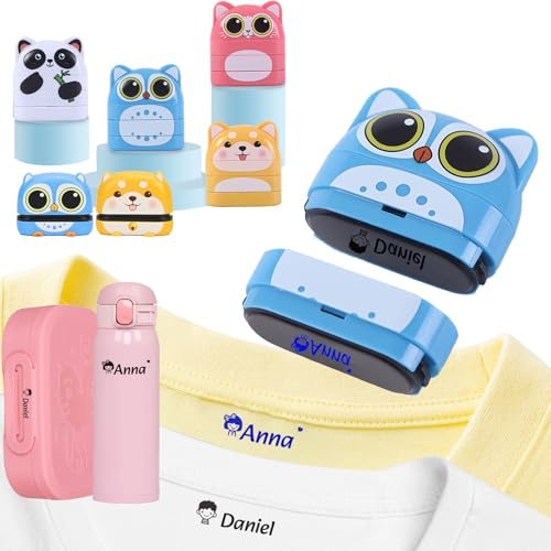JONZIN Personalisierter Namensstempel Kinder Textil-wasserdichte Namensstempel Kinder, einzelne und doppelte Schicht Cartoon-Musterstil Namensstempel für Schulkindergarten
