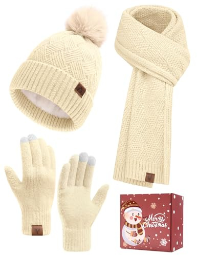 Voqeen Conjunto Gorro Bufanda Guantes Mujer Invierno Térmico Larga Bufanda de Punto Cálido Gorro Forro Polar Guantes Tactiles Moda Set Regalo